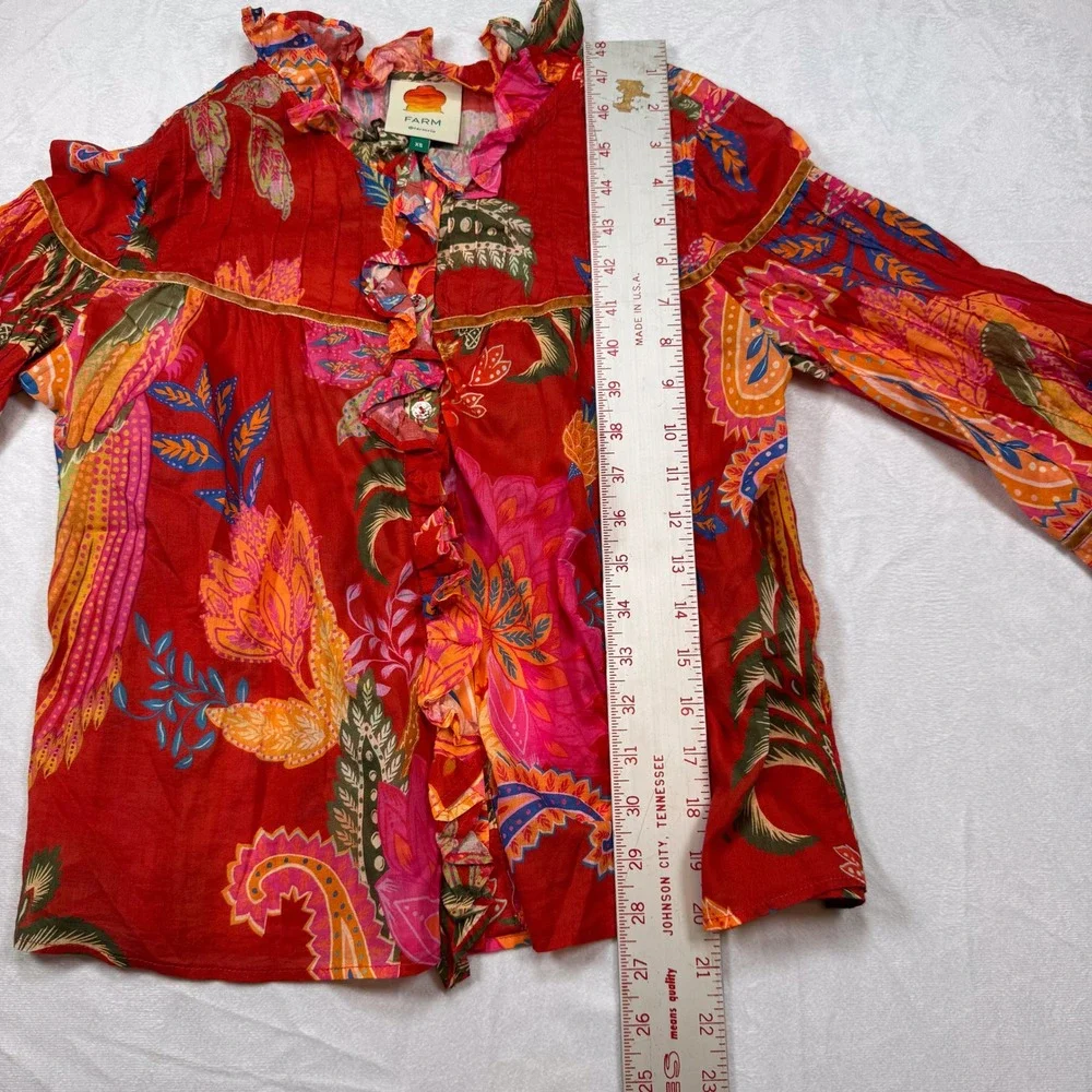 FARM‎ Rio Women's XS Red Floral Ruffle Button Up Long Sleeve Blouse Top - Picture 6 of 7